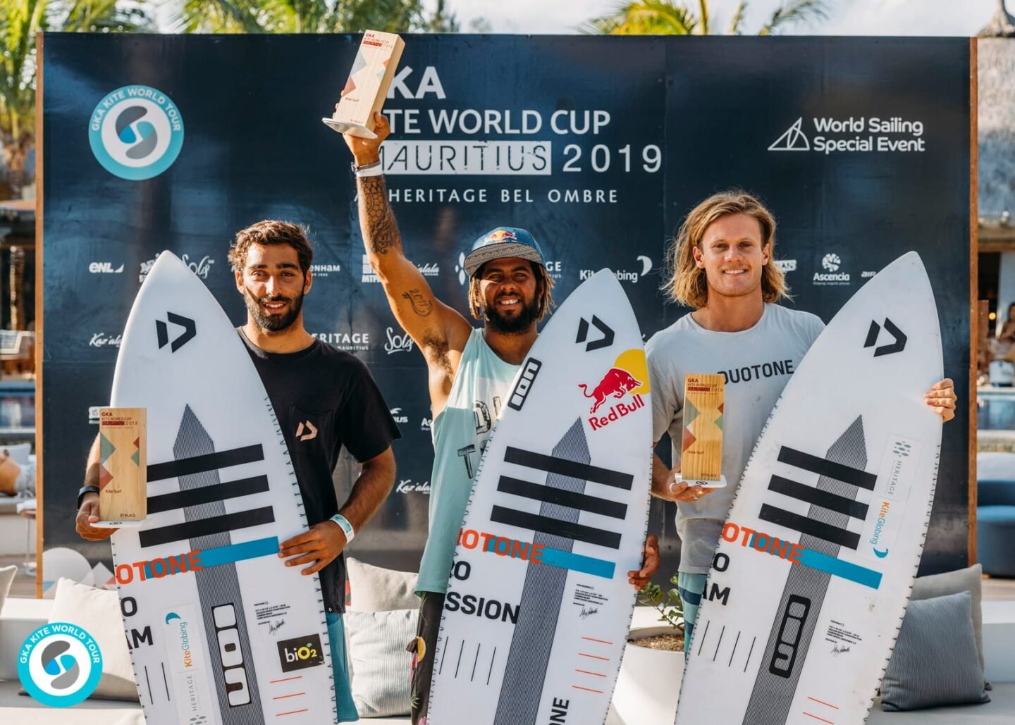 Men's Kite-Surf left to right: 3rd Sebastian Ribeiro (BRA) / 1st Airton Cozzolino (CV) / 2nd James Carew (AUS)