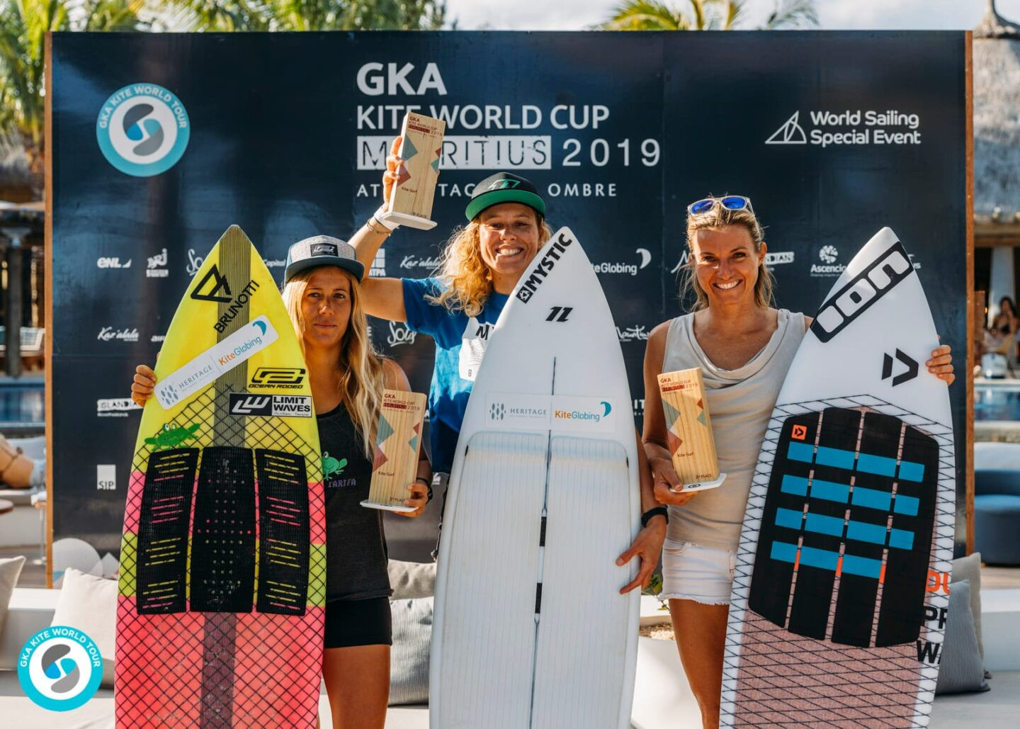 Women's Kite-Surf left to right: 3rd Carla Herrera-Oria / 1st Jalou Langeree (NED) / 2nd Ninja Ricot (MRU)